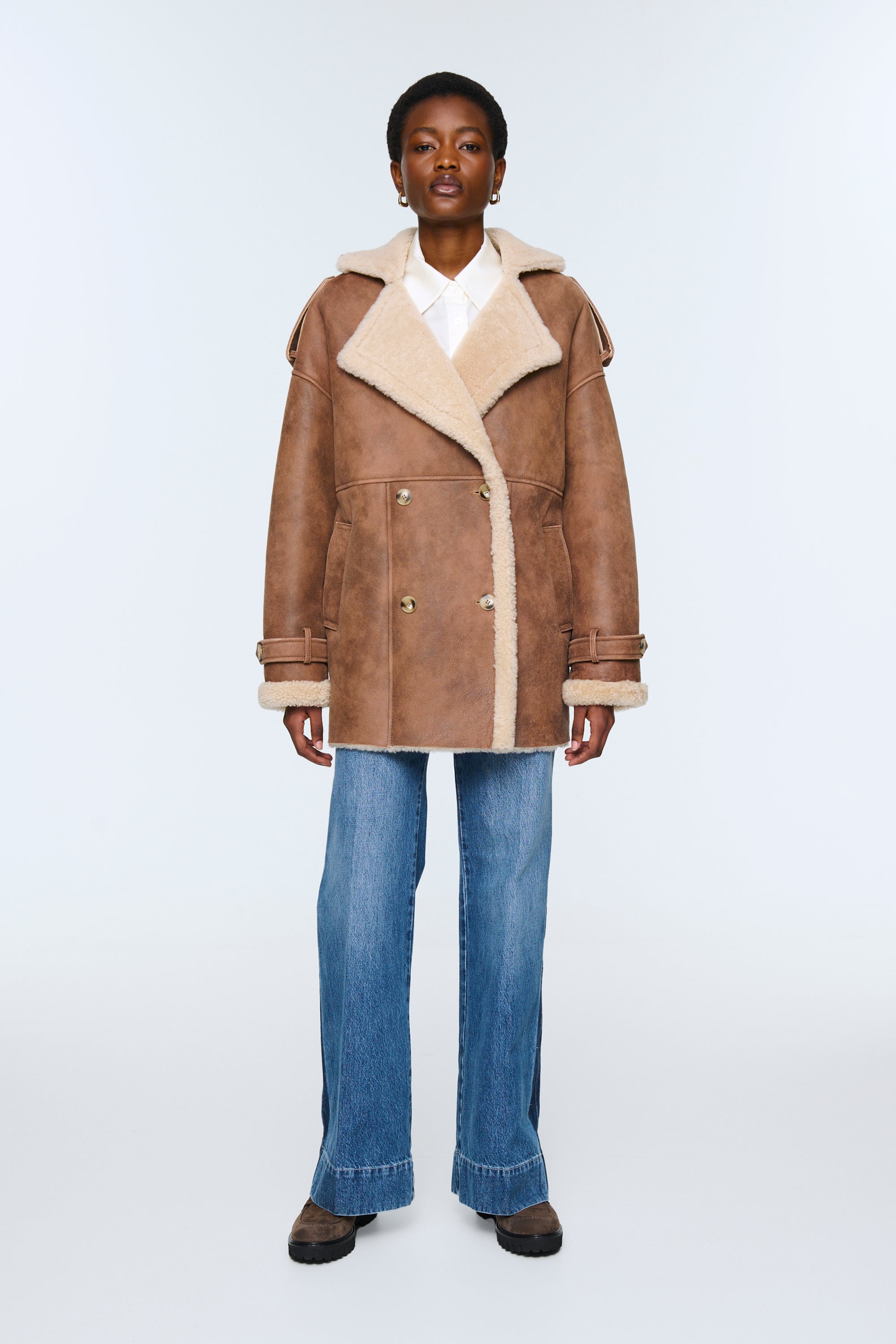 Shearling Jean Jacket With Brown Fur Evander Shearling Short Coat