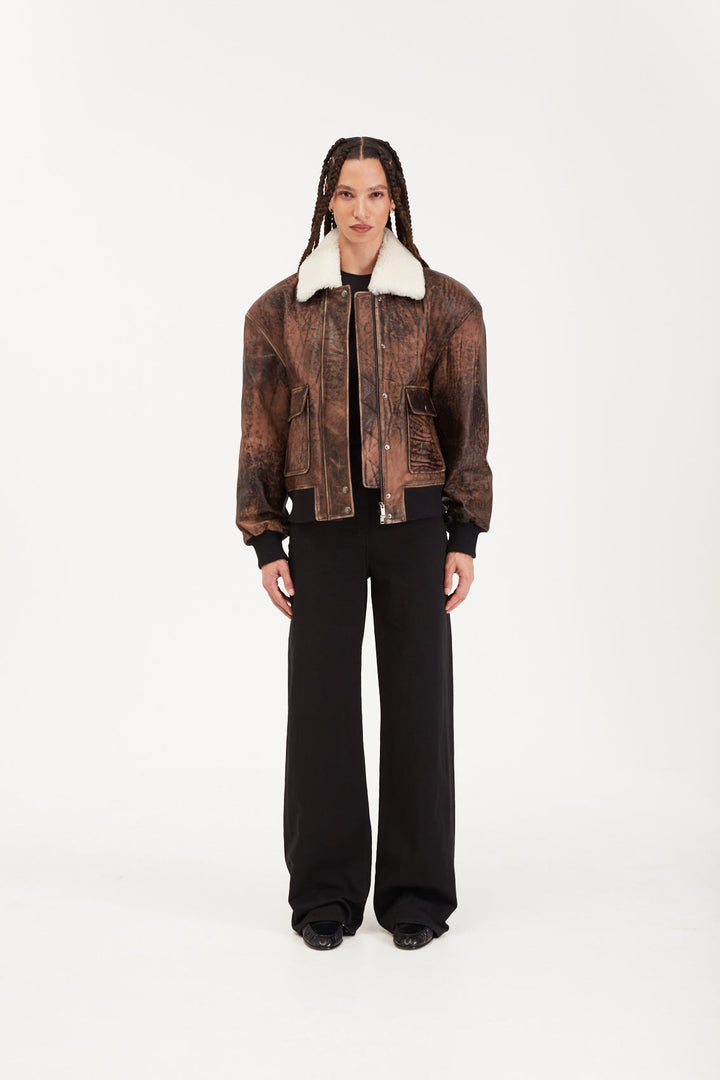 Mila Distressed Leather Bomber Jacket With Shearling Collar - Tobacco (W/S) £835