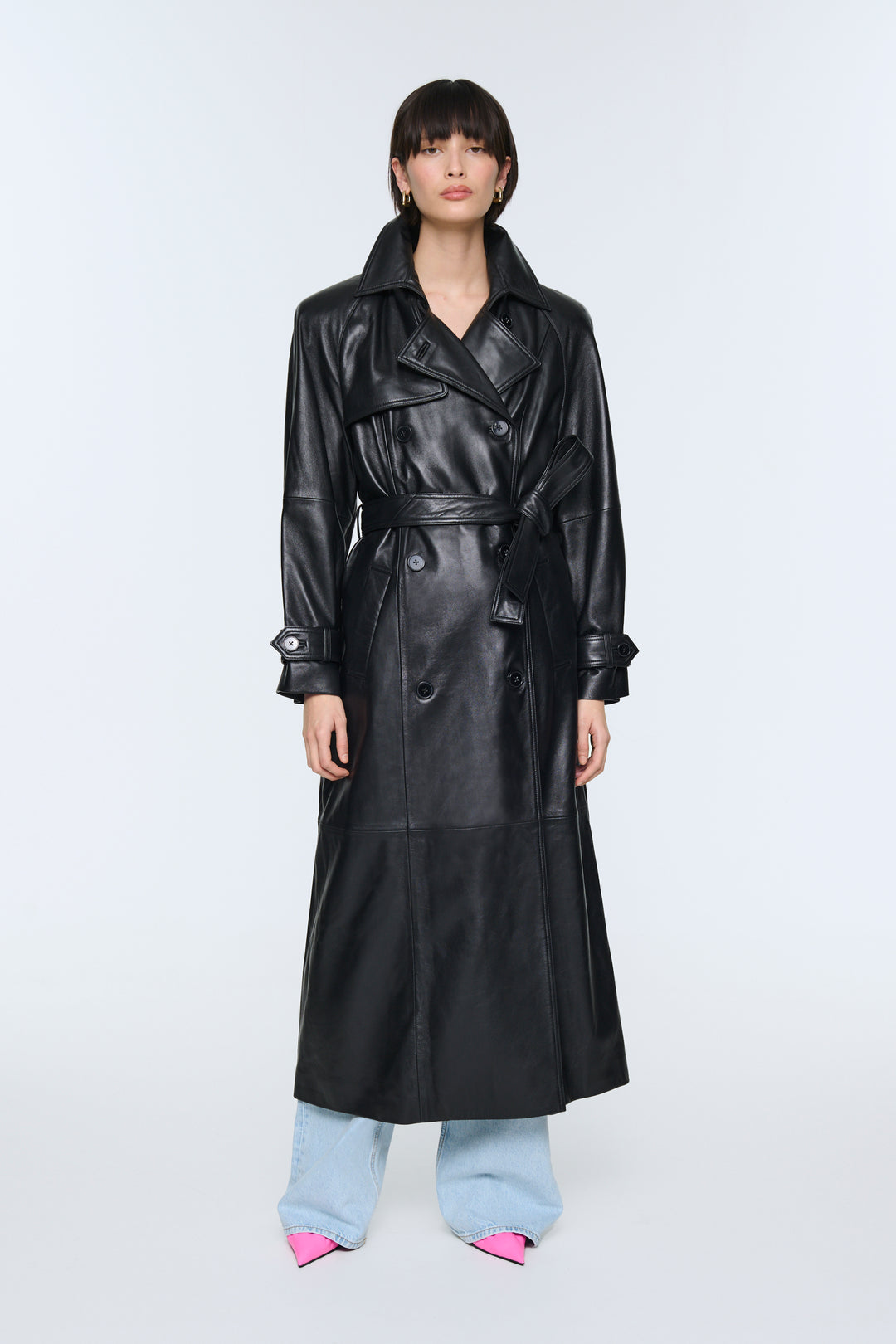 Womens Jacket Fitted Leather Trench Coat Long Black Leather Trench