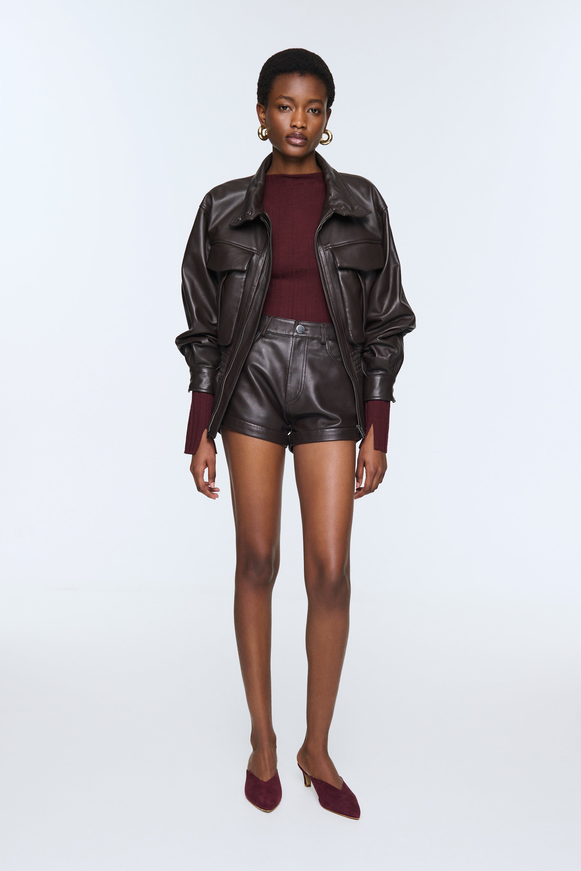 Shorts and leather jacket online