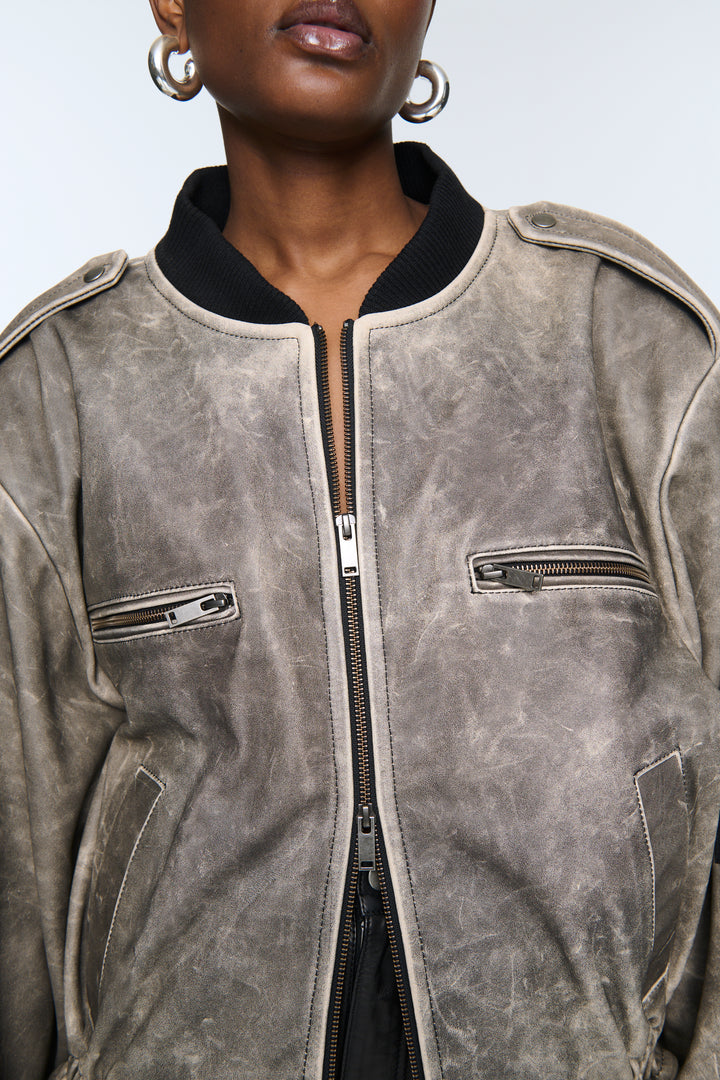 Luna Distressed Leather Bomber Jacket