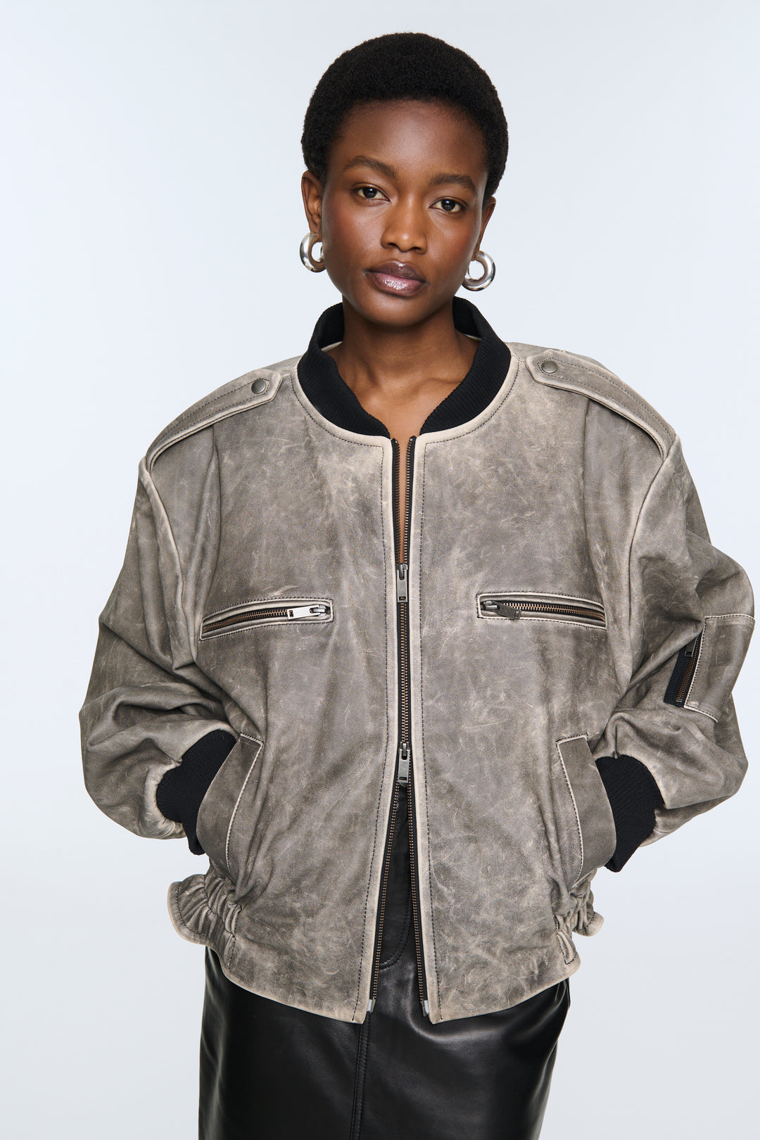 Luna Distressed Leather Bomber Jacket