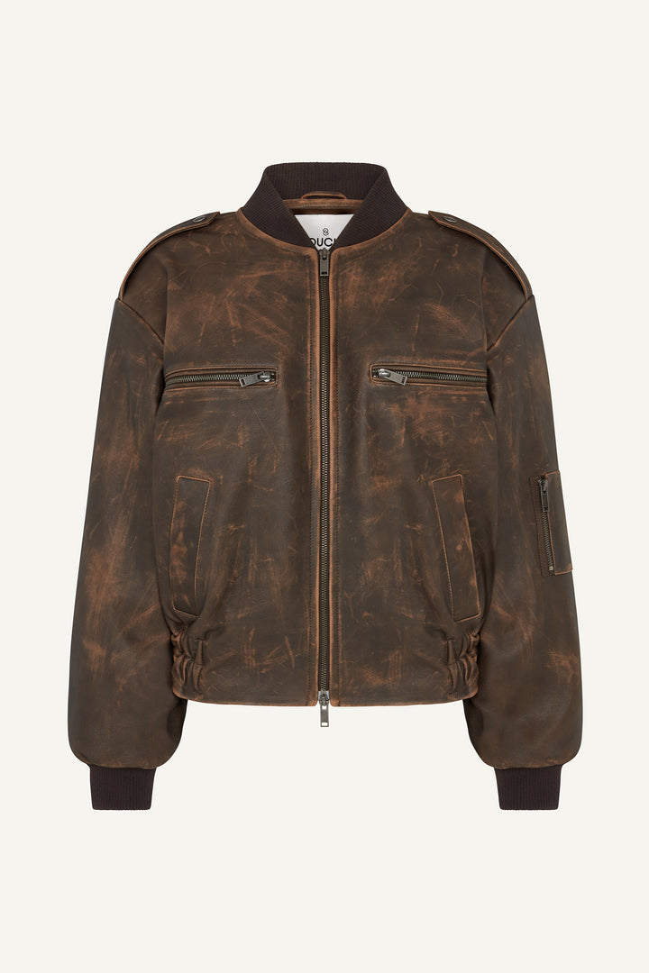 Luna Distressed Leather Bomber Jacket